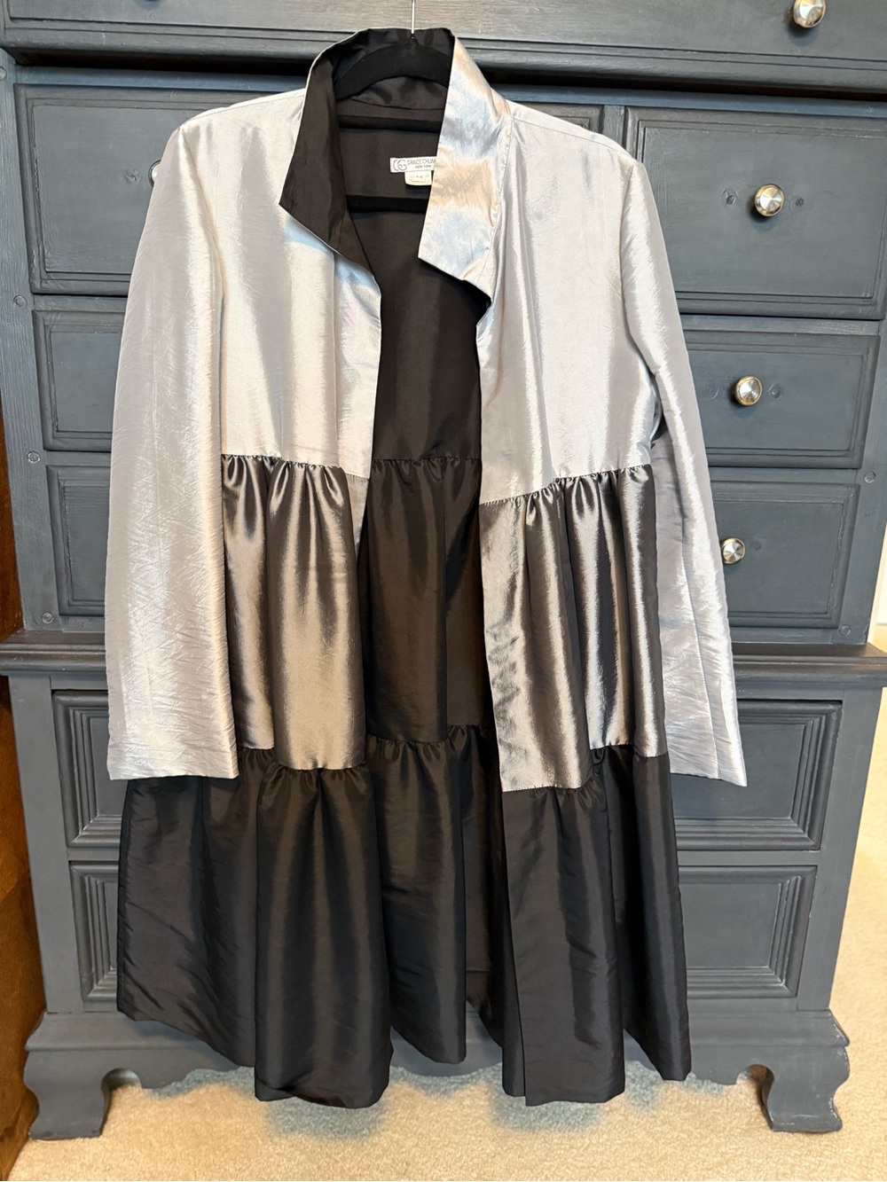 Grace Chuang New York Satin Two-Tone Silver and Black Tiered Coat